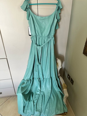 Smaragdi long dress with ruffles and waist tie new, turquoise