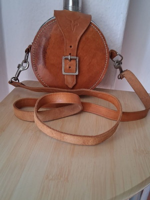 Metal flask Flachmann with leather case used, vintage