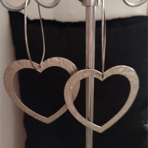 Handmade heart dangle earrings used, silver wire hoop