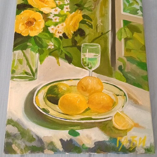 Oil painting with lemons and flowers, new, 30x40cm