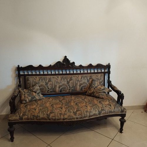 Antique living room set used, carved dark wood sofa and 2 armchairs