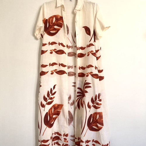 Summer Linen Dress Kimono Caftan S/M new, beige with tropical print