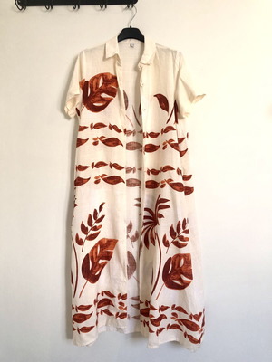Summer Linen Dress Kimono Caftan S/M new, beige with tropical print