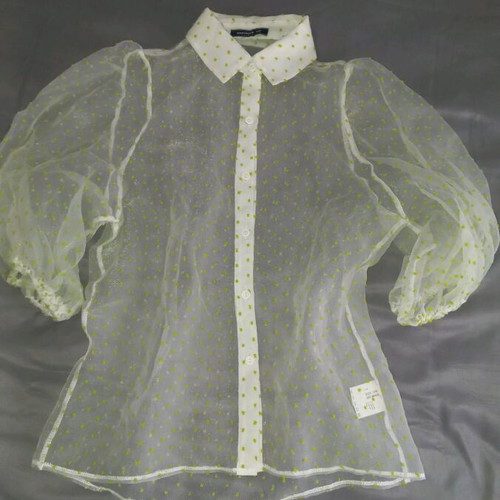 Seethrough Decoro Shirt new, puffed 3/4 sleeves, white-green, size M