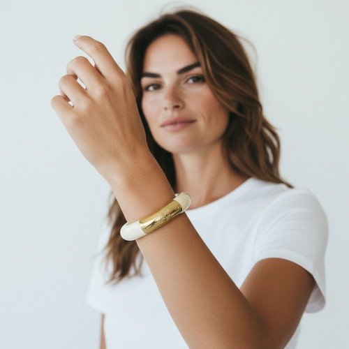 D&G Dolce & Gabbana chunky cream resin bangle with gold logo plate