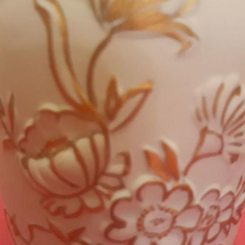 Limoges porcelain vase used, white matte with embossed gold flowers