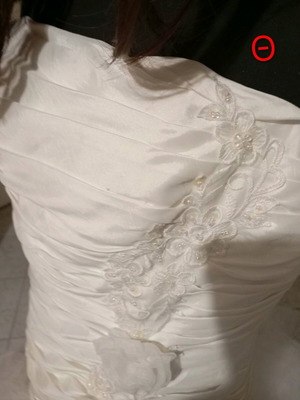 Wedding dress white strapless bust embroidered motif satin pleats size XL