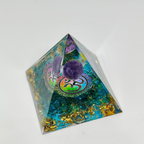 Orgonite pyramid with amethyst and Om symbol like new