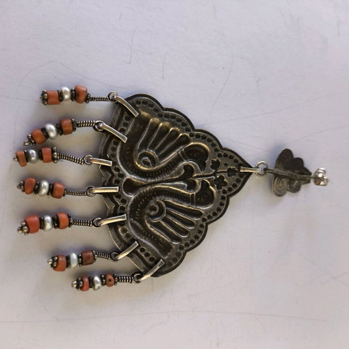 Large ethnik handmade silver earrings with coral and pearl like new