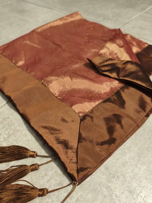 Decorative Living Room Table Runner 80x80 cm, Brick Copper with Gold Embroidery and Tassels