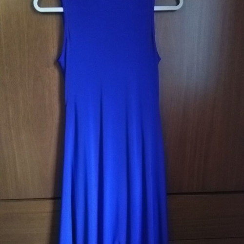 Midi cocktail dress like new with gathers and bead embroidery at waist, blue-purple