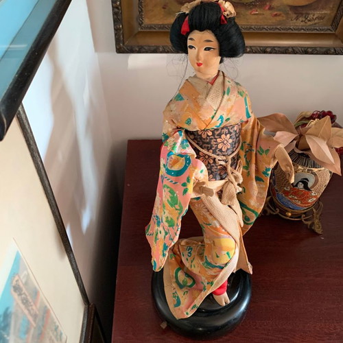 Japanese Geisha Doll used, 1960s with handmade clothes on wooden base