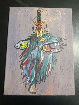 Old School Tattoo Art Wolf with Knife Painting like new