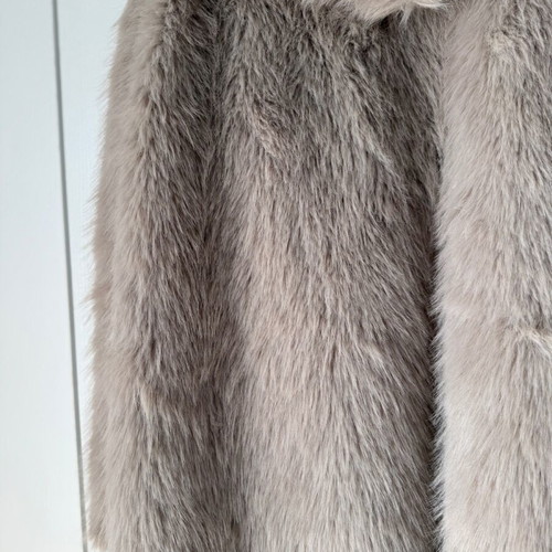 Long faux fur coat with hood beige like new, one size