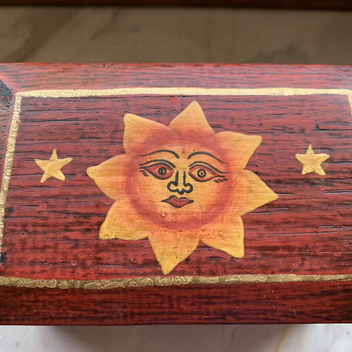 Handmade wooden jewelry box with sun and moon design, new