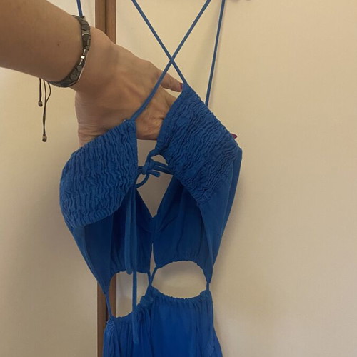 Zara long blue dress like new, cotton and linen, side slit