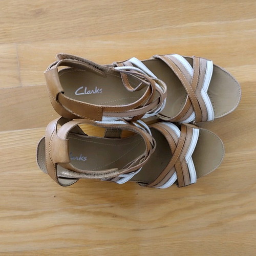 Clarks women's platform sandals, brown and white
