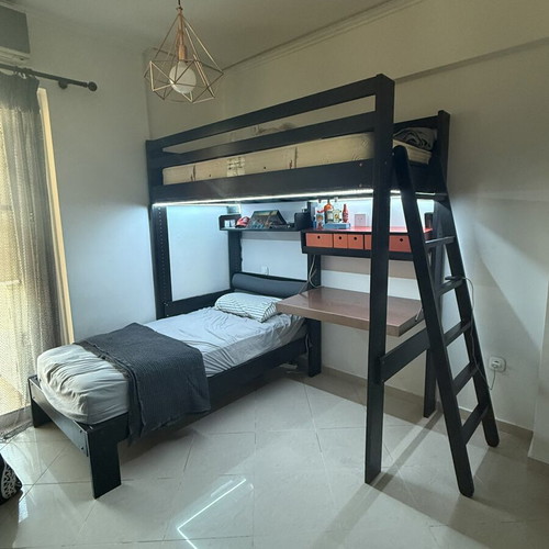 Corner bunk bed used, solid wood with desk and storage