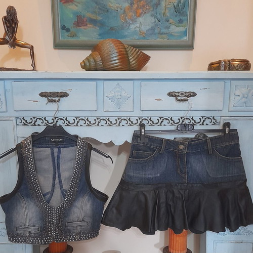 Cinema denim skirt and vest set with genuine leather like new