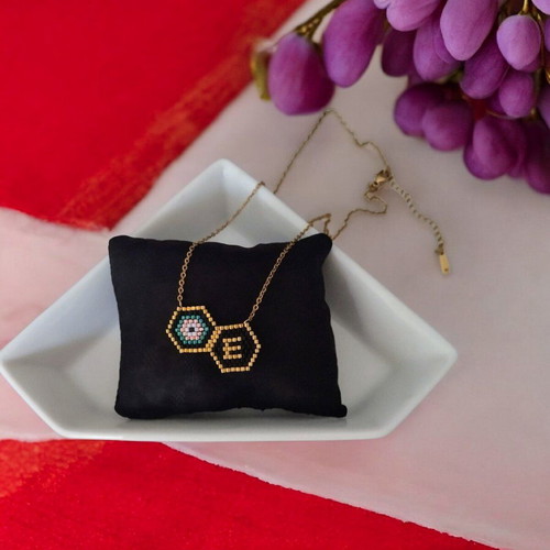 Steel monogram necklace with miyuki eye pendant made to order, black and gold