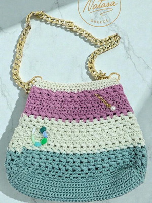 Handmade knitted shoulder bag new in turquoise, ecru and pink shades