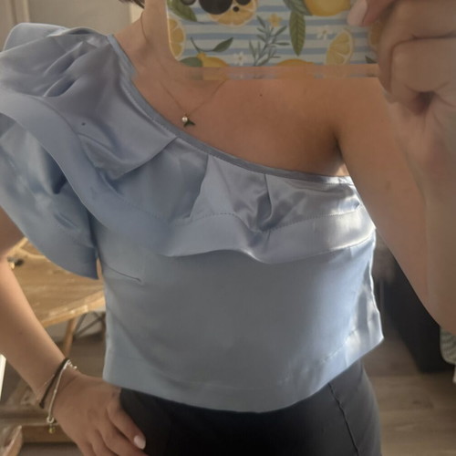 Crop top with one shoulder and ruffles used, blue, size M