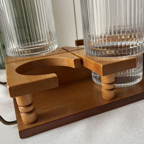 Vintage wooden tray with 6 circular slots, Mid-Century Modern style