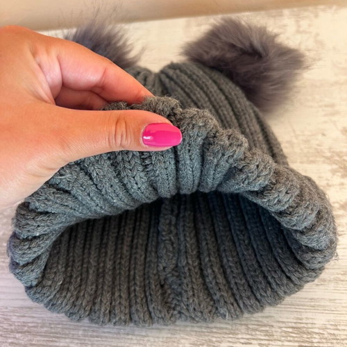 Knitted gray hat with two eco fur pompoms new