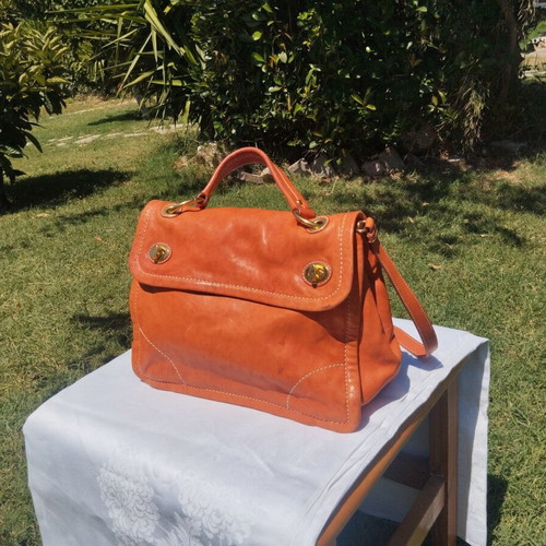 Car Shoe leather shoulder bag used, vintage patina, orange and gold