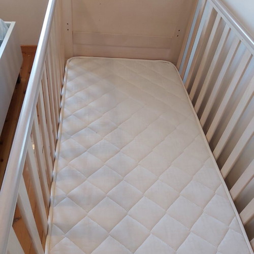 Wooden baby crib bed with mattress, white