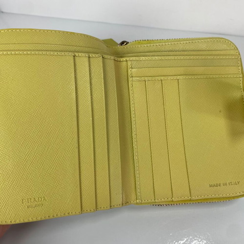 Prada canvas wallet used, yellow, leather interior