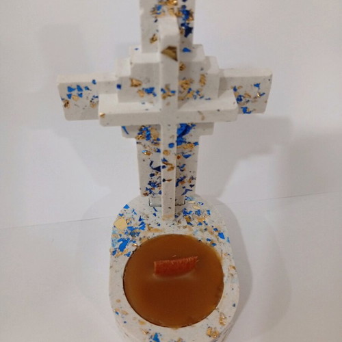 Handmade porcelain cross candle holder with pure beeswax and decorative leaves