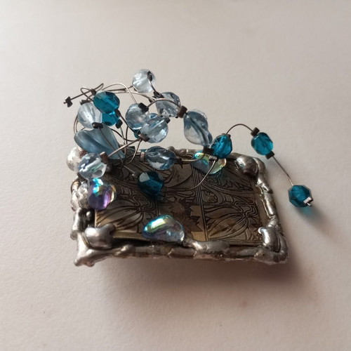 Metal handmade vintage brooch with blue and iridescent beads new