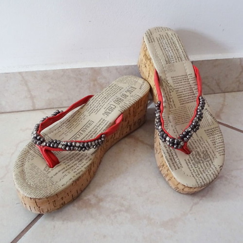 Platforms like new with unique decorated motif and beads, size 37, beige and red