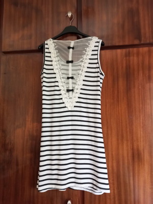 Sleeveless striped dress with tulle and lace back, like new, S/M