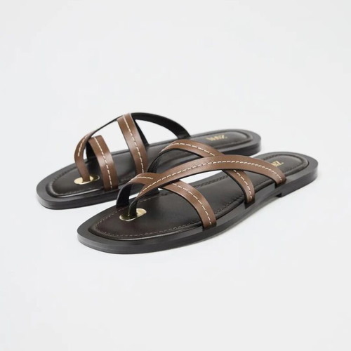 Zara brown real leather flat sandals, size 37