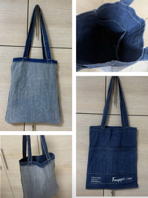 Cotton denim shoulder bag reversible, like new, black and blue