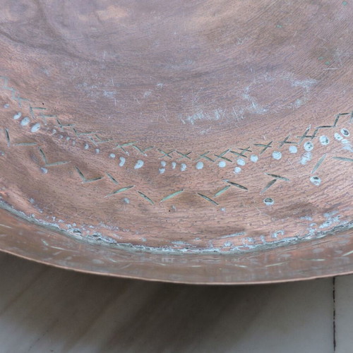 Copper tray vintage used with designs diameter 40 cm