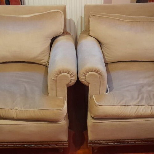 Velveteen three-seater sofa used with armchair set green