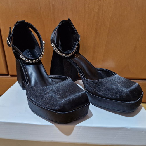 Black satin pumps with rhinestones, medium heel, like new