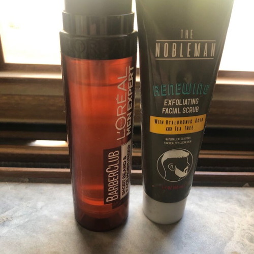 L’Oréal Barberclub and The Nobleman scrub beard care used pack