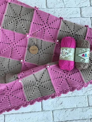 Baby blanket handmade, hypoallergenic cotton yarn with flowers and beads