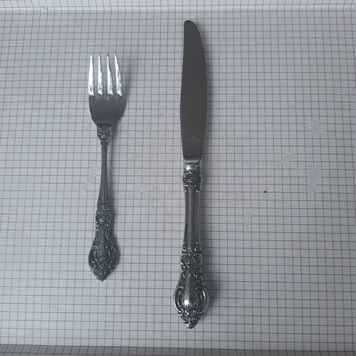 Vintage stainless steel knife and fork set Japan used, floral design