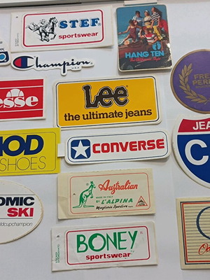 Clothing promotional stickers used, pack of 14, 1990s