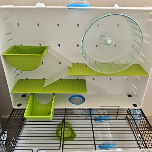 Hamster cage with feeder, waterer, nest and 3 levels, like new