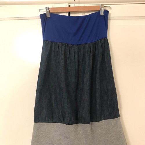Heel strapless short linen dress used with patchwork blue