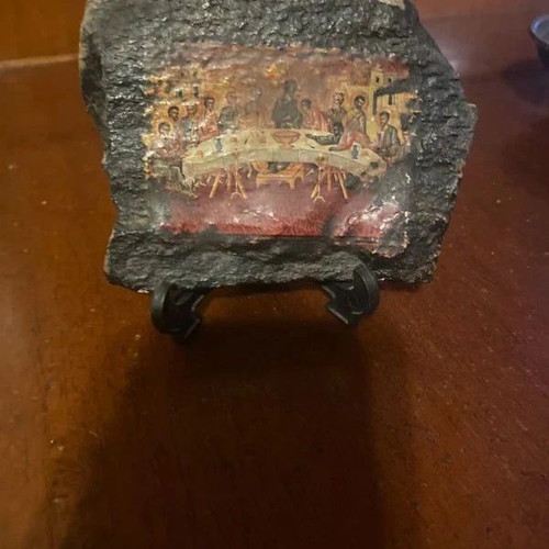 Byzantine icon of the Last Supper used, hand-painted on stone