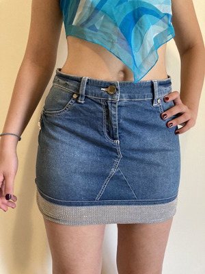 Μπλε denim μίνι φούστα vintage με στρας, μέγεθος S, σαν καινούργια