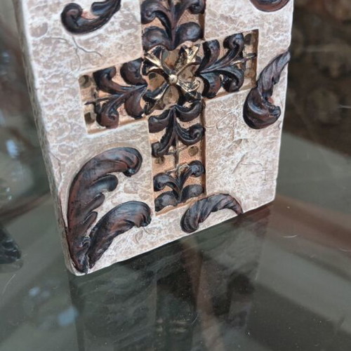 Decorative table candle holder with embossed cross, like new