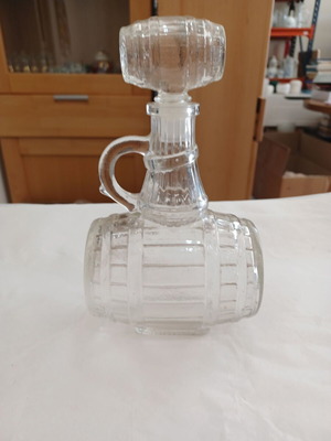 Vintage glass decanter liquor bottle barrel-shaped 1950s like new